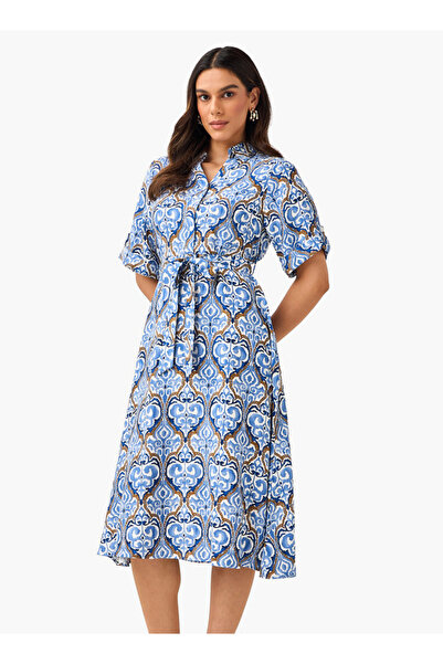 FAV Belted Midi Shirt Dress with Printed Design