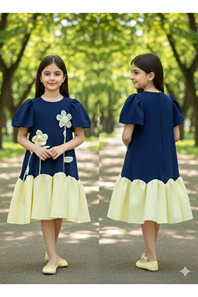 Rawai Roma Elegant girls' dress in navy, pink, and navy yellow with a raised ...