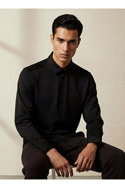 Iconic قميص رجالي قصة ضيقة وياقة وأكمام طويلة بدون خياطة