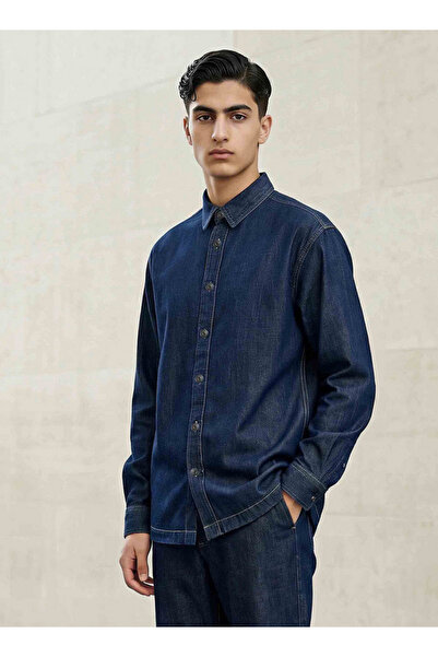 Lee Cooper قميص رجالي بأكمام طويلة وياقة من دنيم، بقصة عادية