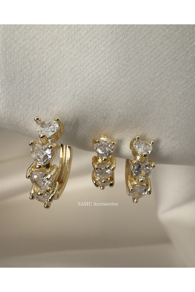 Samu Accessories Set of 3 Heart Stone Row Steel Hoop Earrings - Golden Triple...