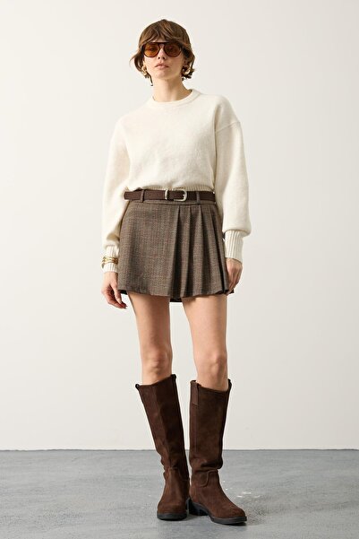 SHILSEE BEUTİQUE Women's Plaid Belted Pleated Short Skirt Brown