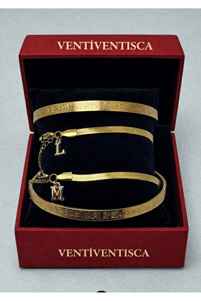 VENTİ VENTİSCA Steel Ayetel Kürsi with Italian Letter Bracelet Couple Set Wom...
