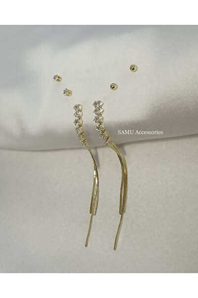 Samu Accessories 3'lü Set Taşlı Püskül ve Top Çelik Küpe - Golden Crystal Tas...