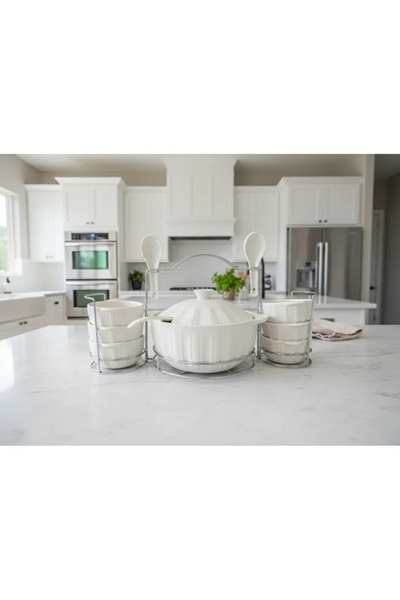 SNK Premium 16 Pc Porcelain Soup Pot Set for 6 Person , Silver Stand Bowls & ...