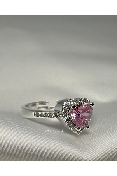 Samu Accessories خاتم فولاذي قابل للتعديل مرصع بحجر القلب الوردي وصفة من الأح...