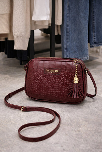 COLORSHERE Kroko Desenli Çapraz Askılı Kadın Çanta Bordo