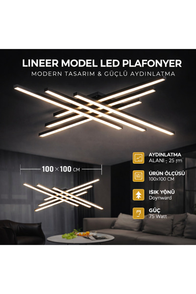 CASA LEGGERA Lineer Model LED Plafonyer 75W – 100x100 cm Modern Tavan Aydınla...