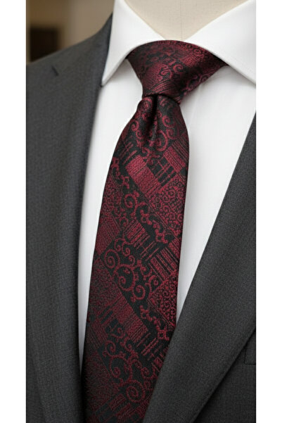 Gutiero Claret Red Patterned Classic Tie with Handkerchief
