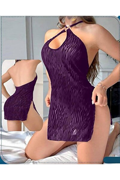 Generic A short black women's lingerie dress with a halter neck design and fr...