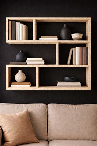 Woody Home Traverten Kitaplık, Dekoratif Duvar Rafı, Gizli Bağlantılı, Uçan K...