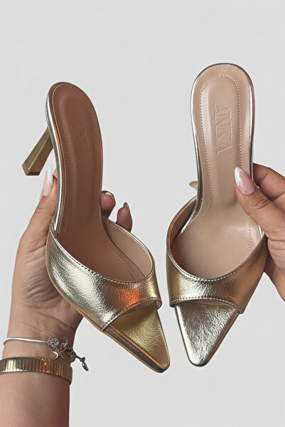 TrendyAnka Kadın Altın Sivri Burunlu Topuklu Sandalet Sivri Burun İnce Sivri ...