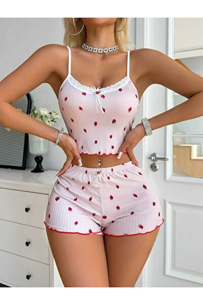 EFİL EFİL Kadın Beyaz Gecelik Takımı Çilek Desenli Şık Gecelik Seksi Şortlu G...