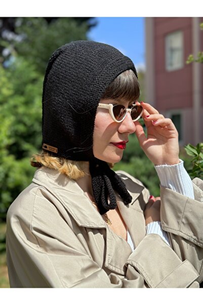 daldandala %100 Yün Siyah El Örgüsü Bağlamalı Bere – Kadın Kışlık Şapka