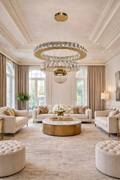 TREND 45x30 DAİRE 2 KATLI GOLD ŞEKER TOPLU KRİSTAL AVİZE