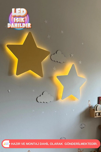 UmayBabyDekor 2 Adet Beyaz Sarı Yıldız Gece Lambası Bebek Çocuk Odası Duvar D...