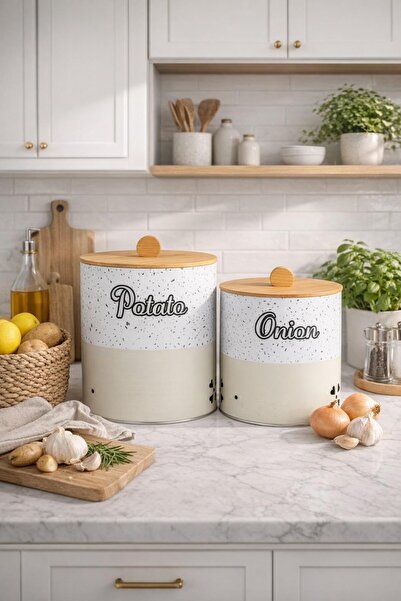 decorev Bambu Kapaklı Metal Patates Soğanlık Krem Taş Desenli DC 7099