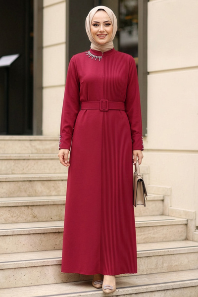 N.S NEVA STYLE Burgundy Hijab Dress with Buckle Belt 65879Br