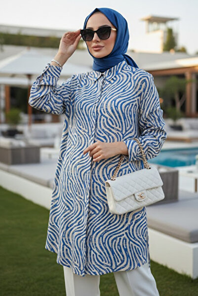 N.S NEVA STYLE Patterned Indigo Maisi Hijab Viscose Tunic 11748Im