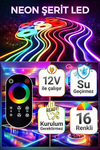 ga gözde aydınlatma RGB Neon Şerit Led 2 Metre | 16 Renk Kumandalı | Adaptörl...
