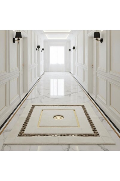 deco marié Beyaz Zeminli Merkez Altın Motifli Çift Bordürlü Peluş Halı