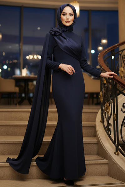 N.S NEVA STYLE Cape Detailed Navy Blue Hijab Evening Dress 57913L