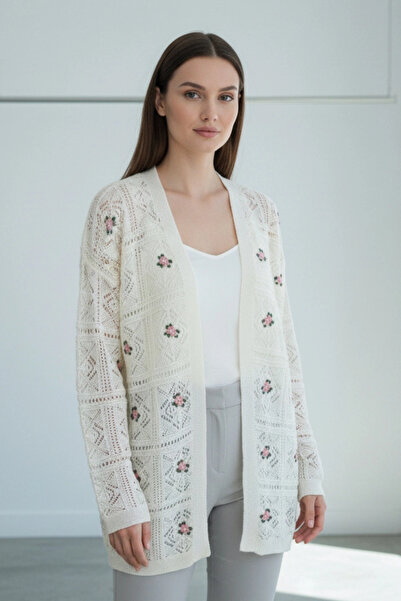 Bİ.GİYSEN Women's cream daisy flower embroidered open front long sleeve openw...