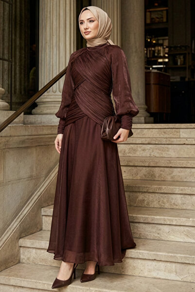 N.S NEVA STYLE Drape Detailed Dark Brown Hijab Evening Dress 55821Kkh