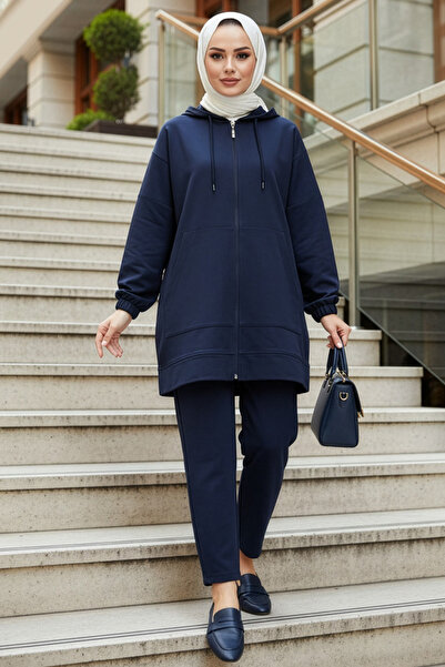 N.S NEVA STYLE Zippered Navy Blue Hijab Double Set 10400L