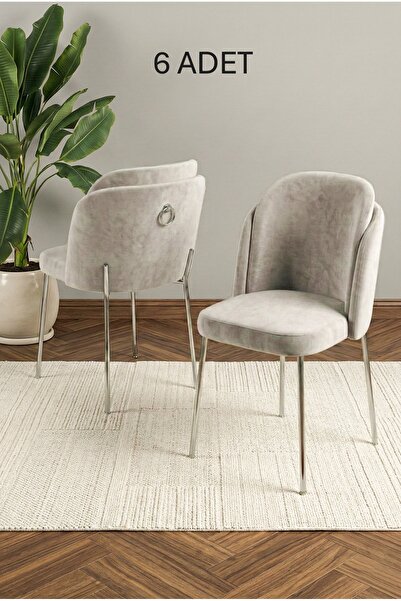 DEREN HOME Rigella Gümüş 6Adet Mutfak Salon Yemek Odası Sandalyesi Silinebili...