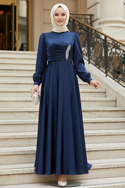 N.S NEVA STYLE Rochie de seară din satin, cu drapaj, detaliată, albastru înch...