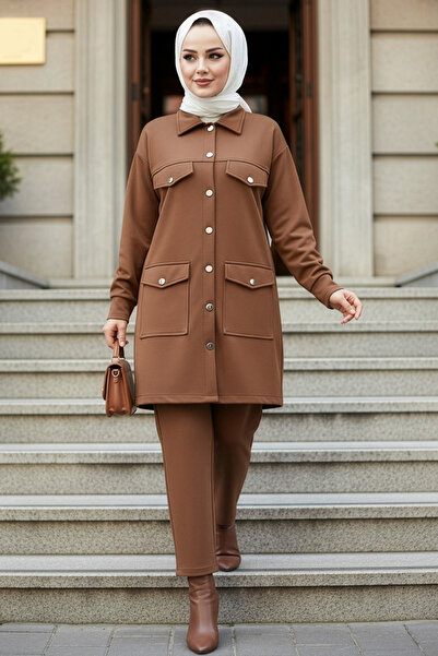 N.S NEVA STYLE Buttoned Tan Hijab Double Set 13323Tb