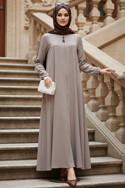 N.S NEVA STYLE Dark Beige Hijab Ferace with Button Detail on Sleeves 45292Kbej