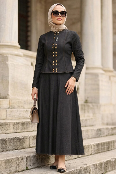 N.S NEVA STYLE Button Detailed Black Hijab Denim Double Set 11891S