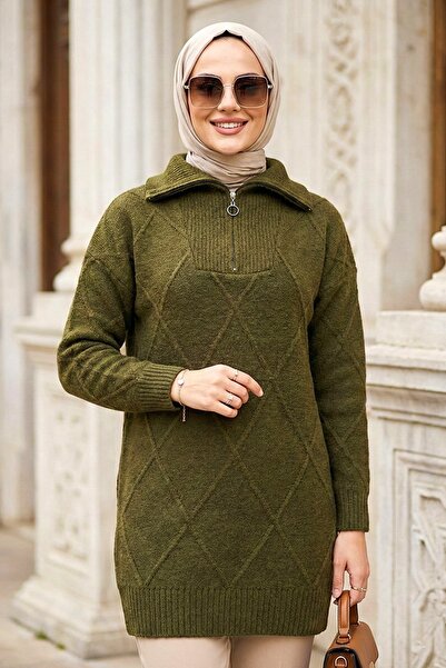 N.S NEVA STYLE Baklava Detailed Dark Khaki Hijab Knitwear Sweater Tunic 83961Khk