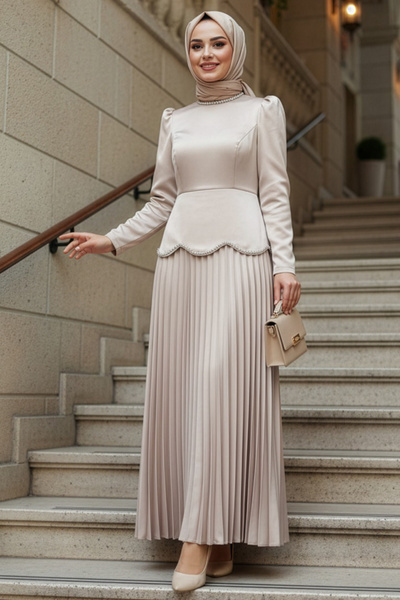 N.S NEVA STYLE Satin Beige Hijab Evening Dress 5462Bej