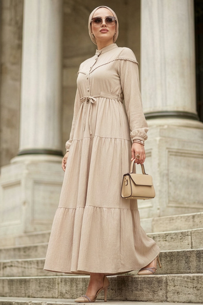 N.S NEVA STYLE Buttoned Beige Hijab Dress 10213Bej