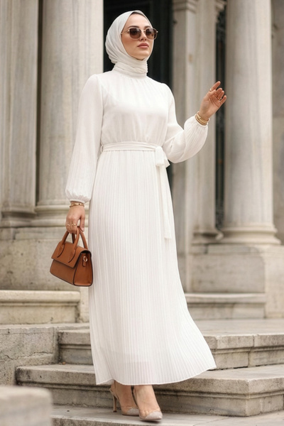 N.S NEVA STYLE Pleated White Hijab Dress 30301B