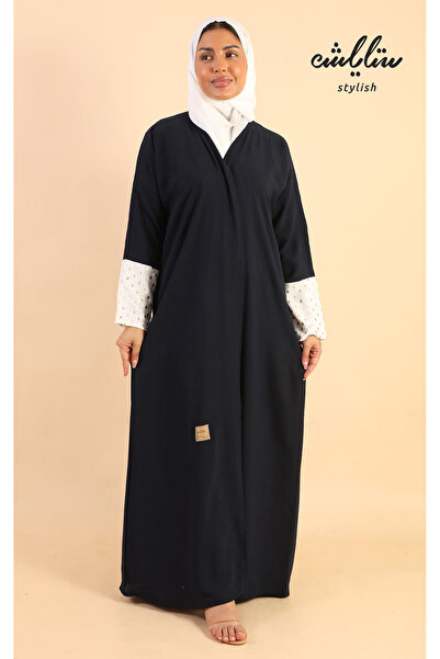 Stylish Stylish Love Linen abaya in navy blue with embellished sleeves