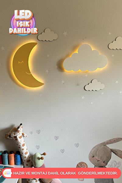 UmayBabyDekor 2 Adet Yıldız ve Bulut Gece Lambası Bebek Çocuk Odası Duvar Dek...