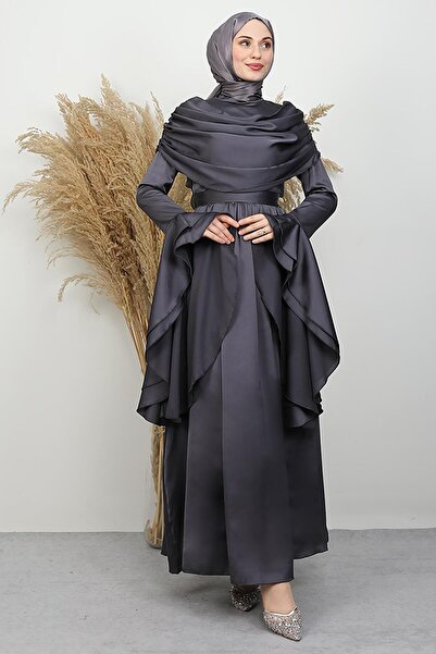 GİYZAMİLA Rozalin Satin Evening Dress Dark Gray