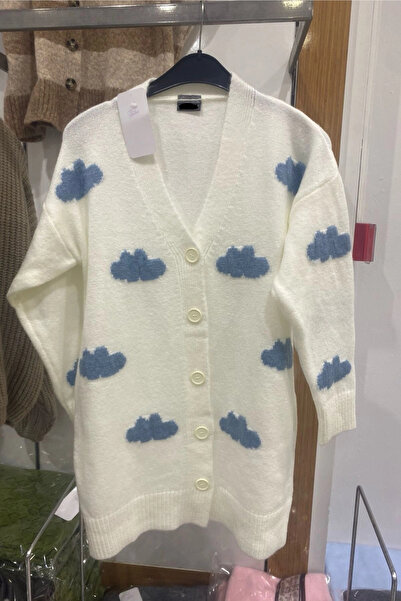 Bİ.GİYSEN Women's Cream Cloud Figured Soft Knitwear Long Sleeve Cardigan