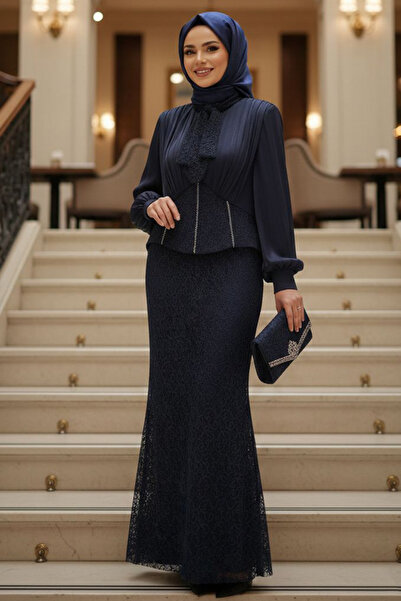 N.S NEVA STYLE Lace Navy Blue Hijab Evening Dress 70135L