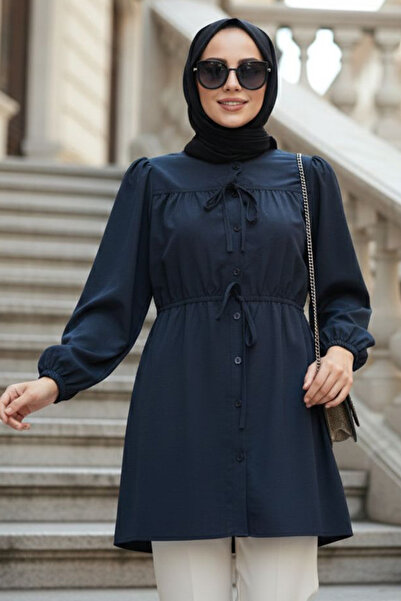 N.S NEVA STYLE Buttoned Navy Blue Hijab Tunic 20287L