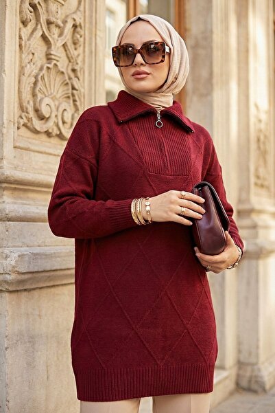 N.S NEVA STYLE Burgundy Hijab Knitwear Sweater with Baklava Detail 83961Br