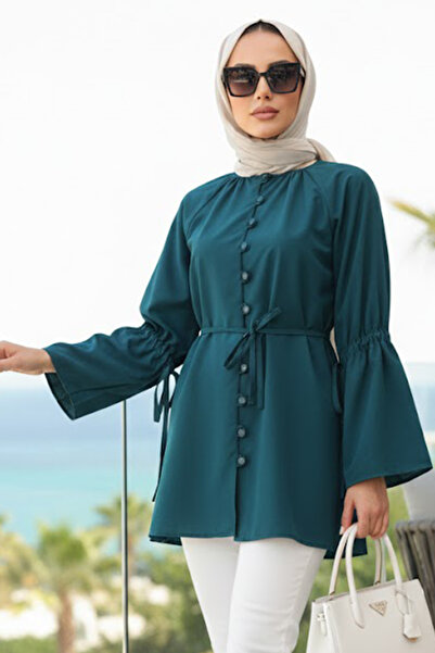 N.S NEVA STYLE Tunica Hijab Petrol Blue cu mâneci volanate 20298PM