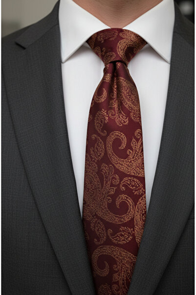 Gutiero Claret Red Patterned Classic Tie with Handkerchief
