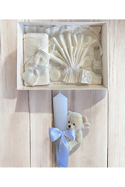 Botez Set trusou muselina si lumanare striata alba cu ursulet