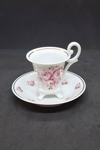 Weımar Porcelain Three Roses Four-Legged Coffee Cup and Saucer 2 Pieces 60 ml