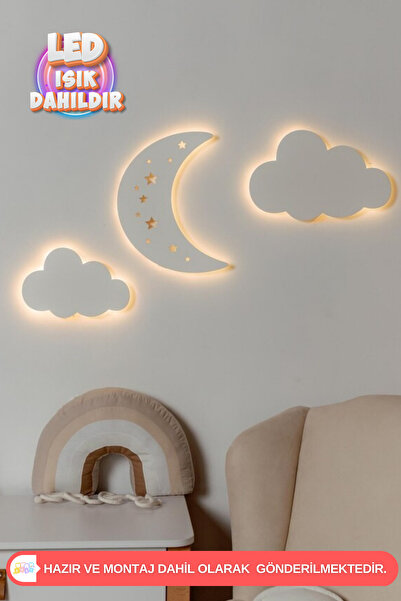 UmayBabyDekor 3Lü Set Bulutlar Gece Lambası Bebek Çocuk Odası Duvar Dekorasyo...